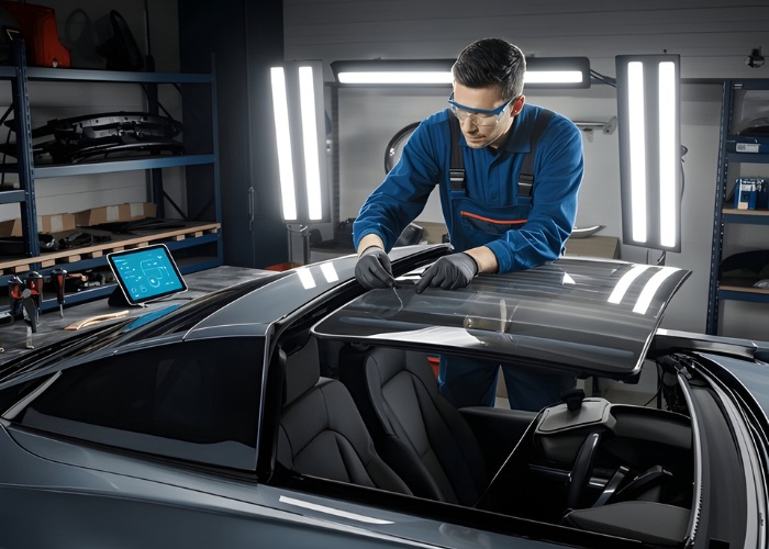 Technician replacing a car's sunroof in a professional garage.